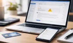 Smartphone und Laptop auf einem Schreibtisch neben einer anonymen Bankkarte, dargestellt im Kontext digitaler Kommunikation und Online-Sicherheit.