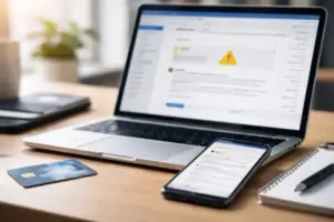 Smartphone und Laptop auf einem Schreibtisch neben einer anonymen Bankkarte, dargestellt im Kontext digitaler Kommunikation und Online-Sicherheit.