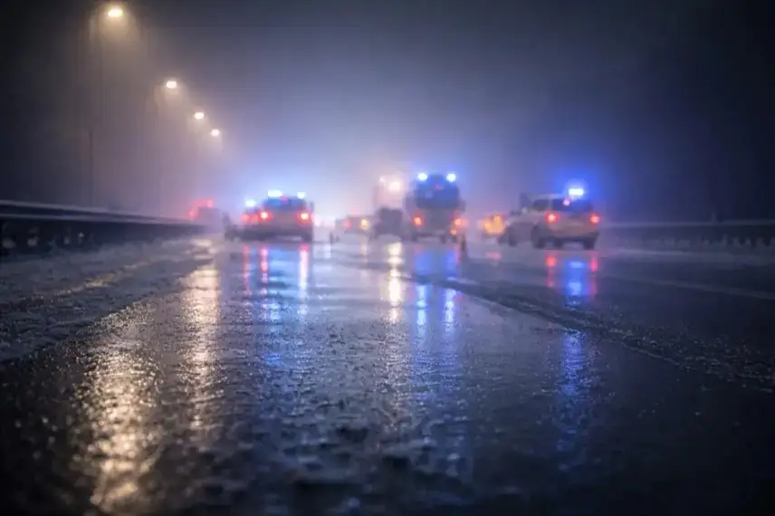 Vereiste Autobahn bei Nacht mit Nebel, stehenden Fahrzeugen und Blaulicht nach einem Unfall auf spiegelglatter Fahrbahn