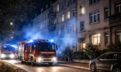 Feuerwehrfahrzeuge mit Blaulicht vor einem Mehrfamilienhaus bei Nacht in Stuttgart, leichter Rauch in der Luft nach einem Wohnungsbrand.