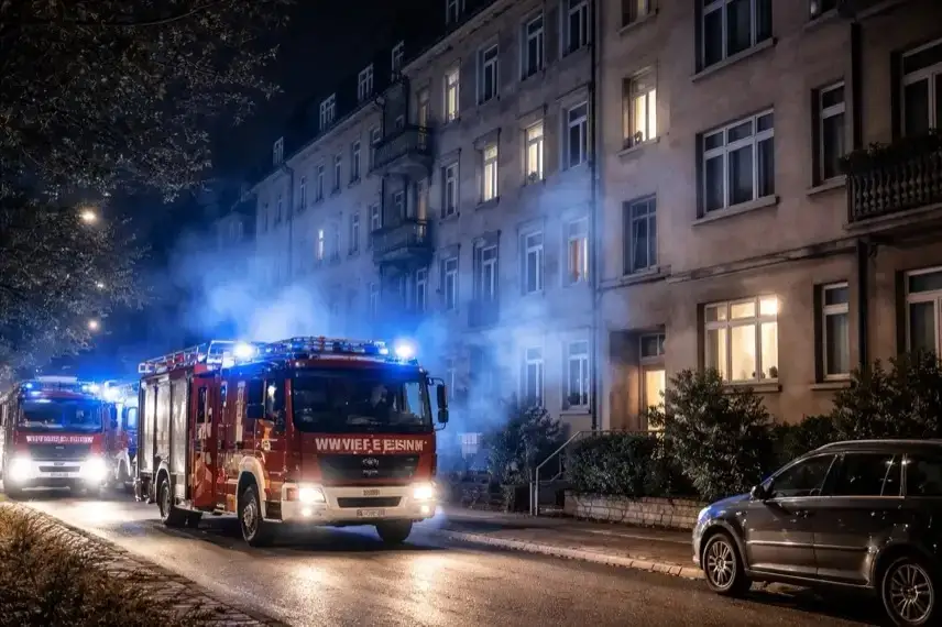 Feuerwehrfahrzeuge mit Blaulicht vor einem Mehrfamilienhaus bei Nacht in Stuttgart, leichter Rauch in der Luft nach einem Wohnungsbrand.