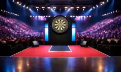 Beleuchtetes Dartboard in einer großen Veranstaltungshalle mit Zuschauerrängen im Hintergrund bei der Darts-WM.
