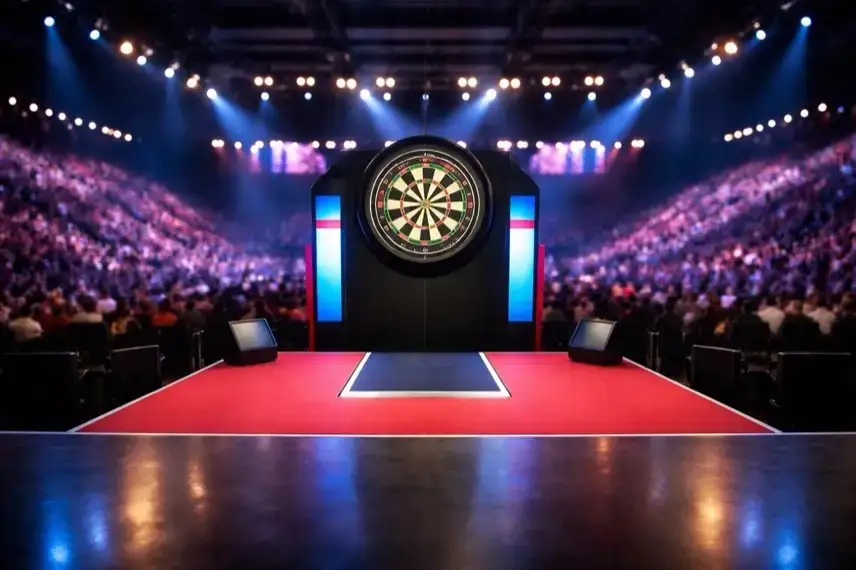 Beleuchtetes Dartboard in einer großen Veranstaltungshalle mit Zuschauerrängen im Hintergrund bei der Darts-WM.