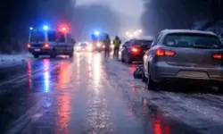 Vereiste Straße mit rutschenden Autos und reflektierendem Blaulicht bei Glatteisunfällen im winterlichen Straßenverkehr