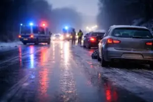 Vereiste Straße mit rutschenden Autos und reflektierendem Blaulicht bei Glatteisunfällen im winterlichen Straßenverkehr