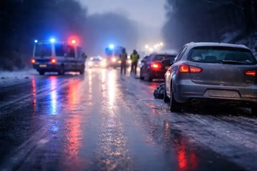 Vereiste Straße mit rutschenden Autos und reflektierendem Blaulicht bei Glatteisunfällen im winterlichen Straßenverkehr