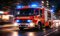 Feuerwehrfahrzeuge mit Blaulicht vor einem Hochhaus in Berlin-Spandau, Rauch steigt aus dem Gebäude nach einem Kellerbrand auf.