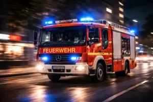 Feuerwehrfahrzeuge mit Blaulicht vor einem Hochhaus in Berlin-Spandau, Rauch steigt aus dem Gebäude nach einem Kellerbrand auf.