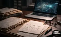 Schreibtisch mit alten Ermittlungsakten, handschriftlichen Notizen und offenem Codeblatt neben einem Laptop mit abstrakter Datenanzeige.