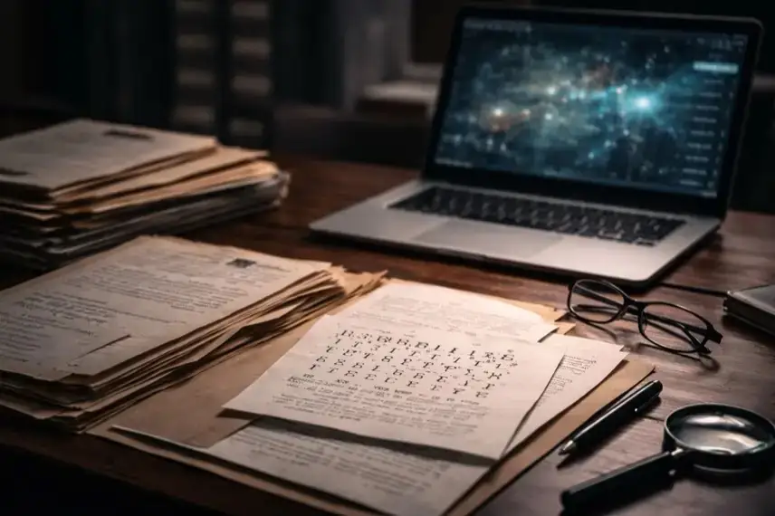 Schreibtisch mit alten Ermittlungsakten, handschriftlichen Notizen und offenem Codeblatt neben einem Laptop mit abstrakter Datenanzeige.