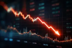 Abstraktes digitales Kursdiagramm mit fallender Linie auf dunklem Hintergrund, symbolisch für den XRP Kurs und Bewegungen am Kryptomarkt.