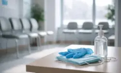 Leerer Wartebereich in einer medizinischen Einrichtung mit Stühlen, Desinfektionsspender und Handschuhen im Winterlicht