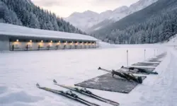 Verschneiter Biathlon-Schießstand mit leeren Zielscheiben, Skiern und Gewehren in winterlicher Berglandschaft