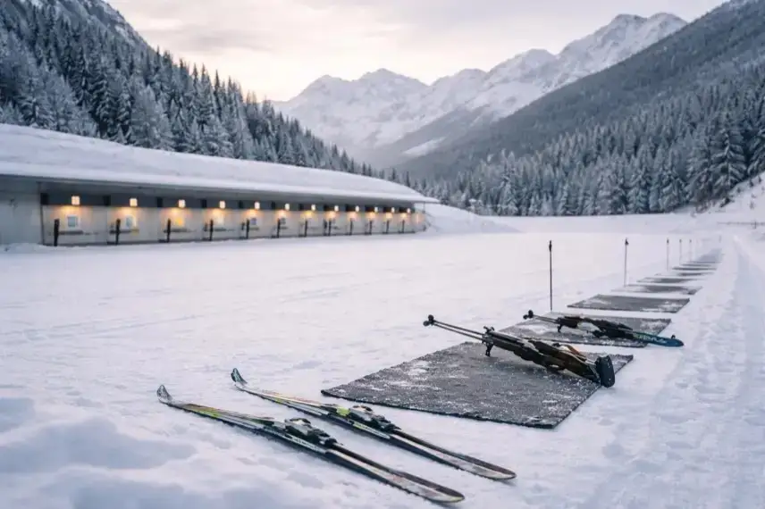 Verschneiter Biathlon-Schießstand mit leeren Zielscheiben, Skiern und Gewehren in winterlicher Berglandschaft