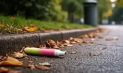 Weggeworfene Einweg-E-Zigarette auf einem Gehweg neben Laub und einem öffentlichen Abfalleimer im urbanen Raum.