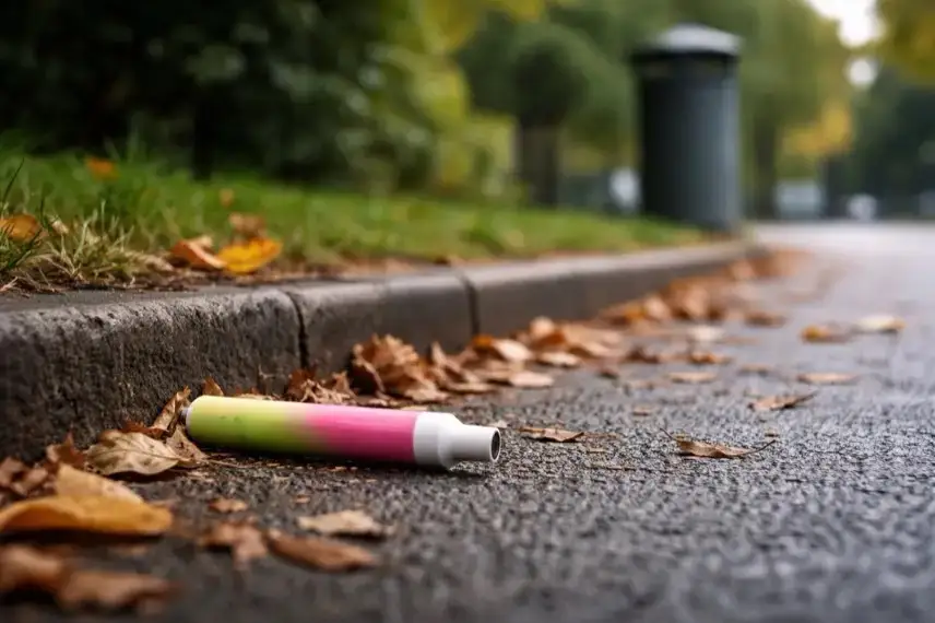 Weggeworfene Einweg-E-Zigarette auf einem Gehweg neben Laub und einem öffentlichen Abfalleimer im urbanen Raum.