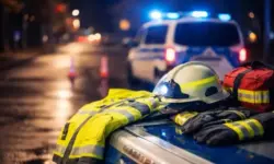 Blaulicht eines Einsatzfahrzeugs und abgelegte Schutzhelme von Einsatzkräften an einer nächtlichen Straße in Deutschland.