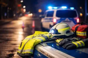 Blaulicht eines Einsatzfahrzeugs und abgelegte Schutzhelme von Einsatzkräften an einer nächtlichen Straße in Deutschland.