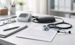 Schreibtisch in einem Arztzimmer mit Stethoskop, Blutdruckmessgerät und neutralen Unterlagen zu medizinischen Zusatzleistungen