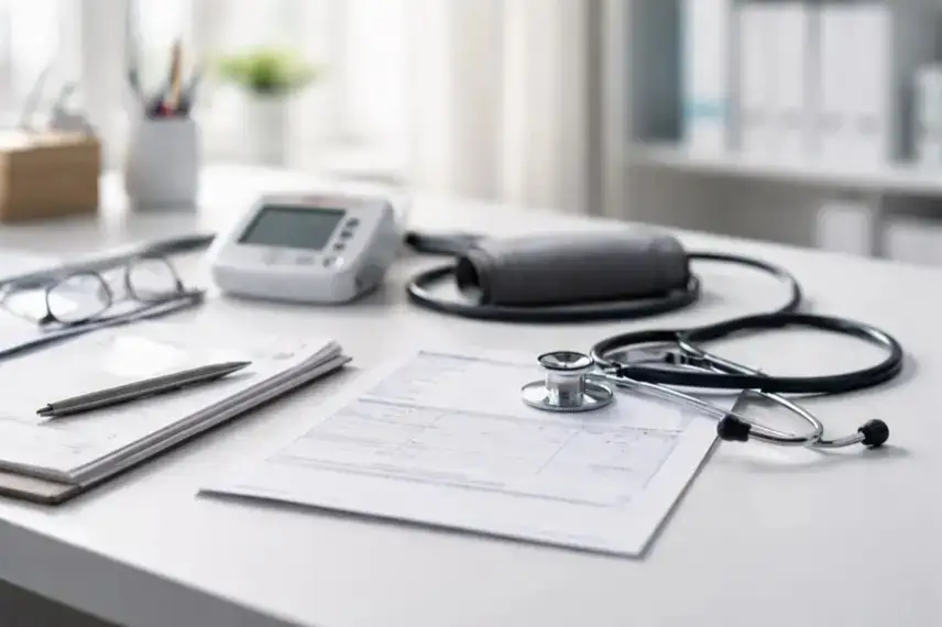 Schreibtisch in einem Arztzimmer mit Stethoskop, Blutdruckmessgerät und neutralen Unterlagen zu medizinischen Zusatzleistungen