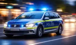 Fahrendes Polizeiauto mit eingeschaltetem Blaulicht auf einer Straße bei Dämmerung