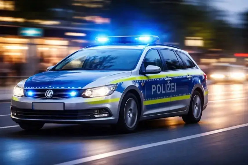 Fahrendes Polizeiauto mit eingeschaltetem Blaulicht auf einer Straße bei Dämmerung