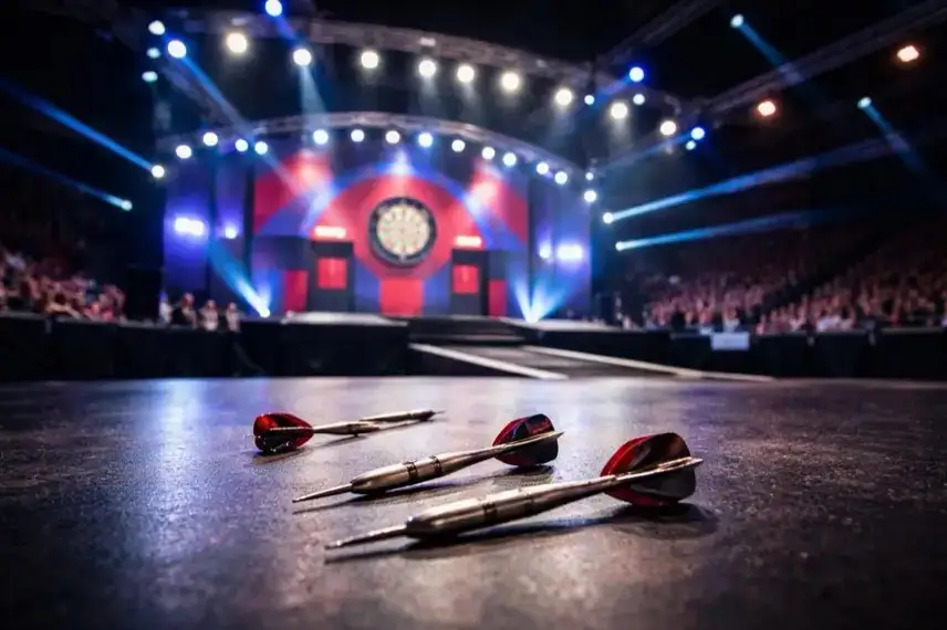 Symbolbild aus dem Alexandra Palace in London: Die Darts-WM 2026 ist geprägt von überraschenden Wendungen und dem frühen Aus etablierter Spieler wie Nathan Aspinall.