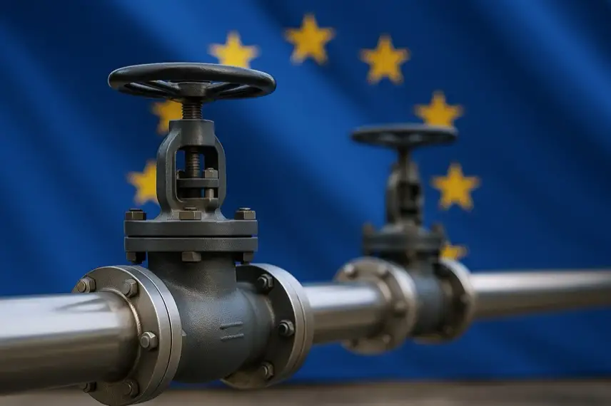 Nahaufnahme eines modernen gelben Gasrohr-Ventils mit metallischen Details und unscharfem Hintergrund.