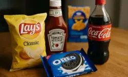 Fotorealistische Nahaufnahme verschiedener farbiger, neutraler Snack- und Getränkepackungen ohne Logos oder Texte, auf heller Oberfläche arrangiert.