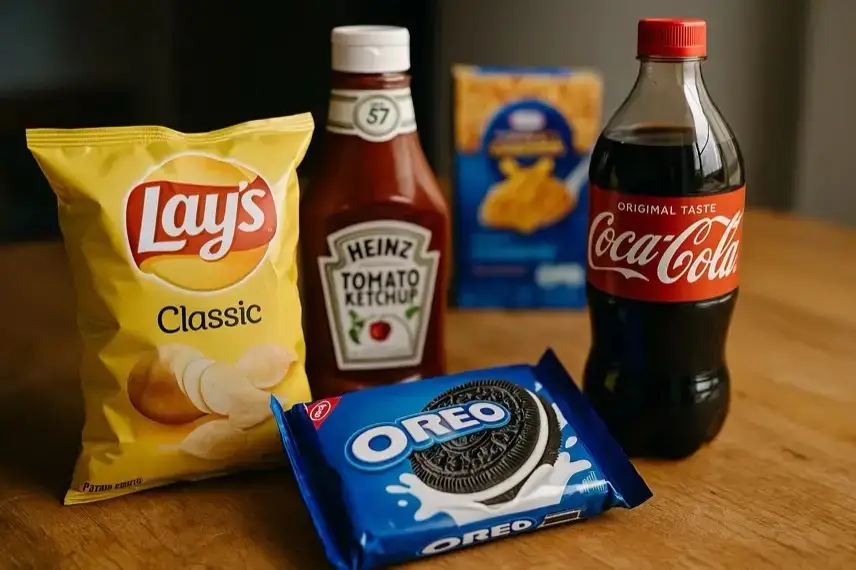 Fotorealistische Nahaufnahme verschiedener farbiger, neutraler Snack- und Getränkepackungen ohne Logos oder Texte, auf heller Oberfläche arrangiert.