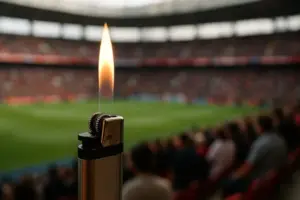 Nahaufnahme eines brennenden Feuerzeugs vor einem unscharf dargestellten Fußballstadion ohne erkennbare Personen.