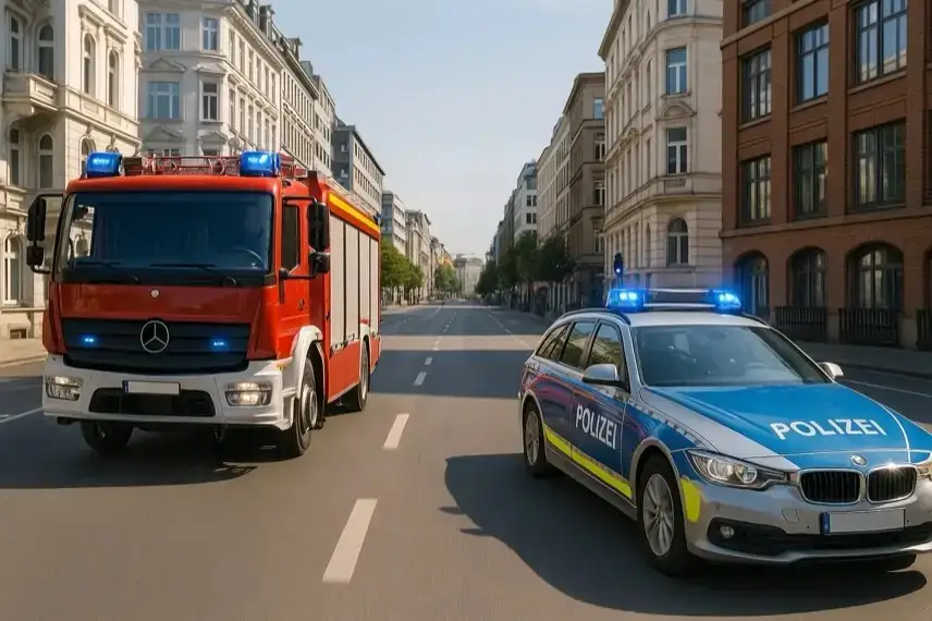 Feuerwehrauto und Polizeiauto fahren mit eingeschaltetem Blaulicht auf einer breiten Stadtstraße zwischen mehrstöckigen Gebäuden.