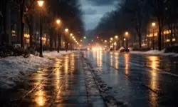 Nasse winterliche Straße bei Dunkelheit mit Straßenlaternen, Wolken und Niederschlag zum Wetter an Silvester in Deutschland