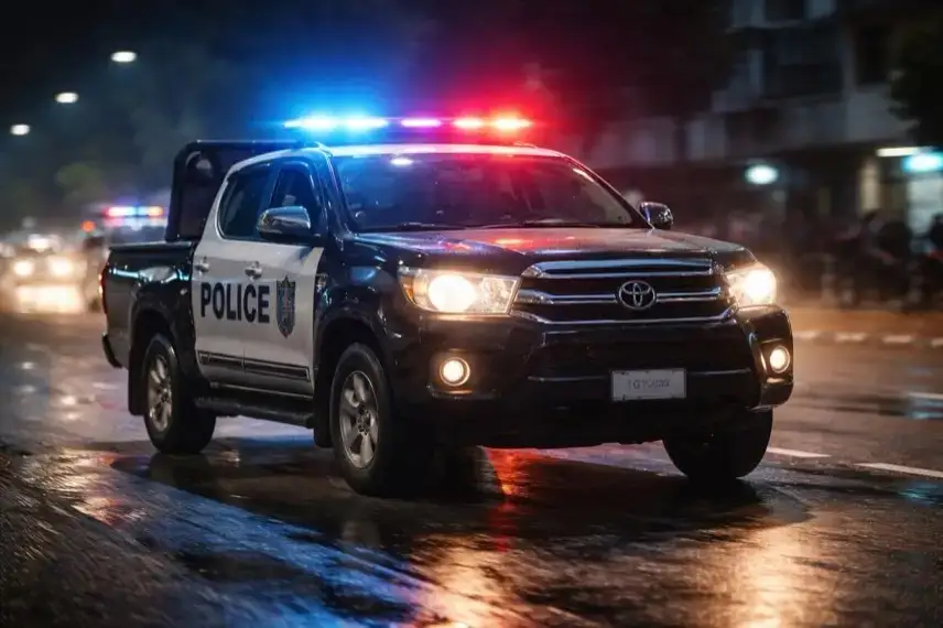 Fahrendes Polizeiauto der nigerianischen Polizei mit Blaulicht auf nächtlicher Straße in einer Stadt in Nigeria