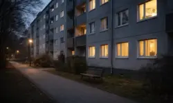 Wohnblock in Rostock bei Abendlicht mit beleuchteten Fenstern und leerem Gehweg, sachliche Stadtszene ohne Personen.