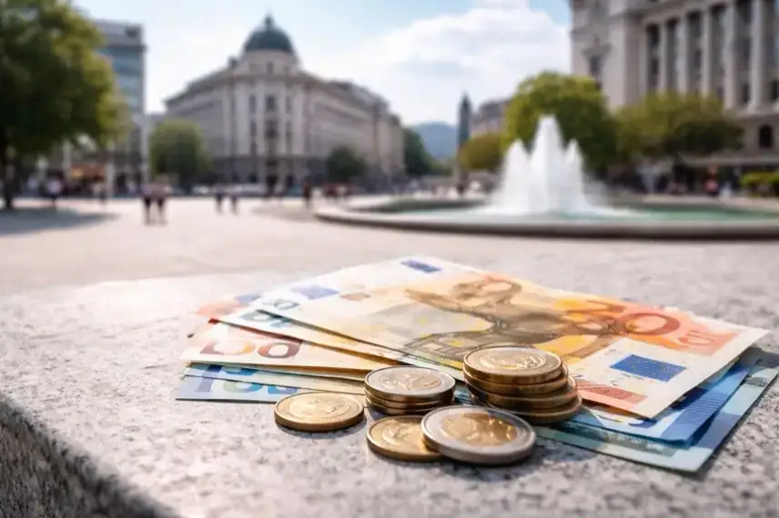 Euro-Münzen und Euro-Banknoten im Vordergrund, dahinter unscharfe moderne Gebäude in Bulgarien als Symbol für den Währungswechsel.