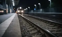 Leerer Bahnsteig mit Gleisbett an einem Regionalbahnhof bei Nacht, im Hintergrund unscharfe Zuglichter auf einer Bahnstrecke.