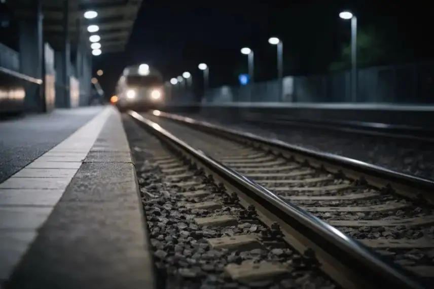 Leerer Bahnsteig mit Gleisbett an einem Regionalbahnhof bei Nacht, im Hintergrund unscharfe Zuglichter auf einer Bahnstrecke.