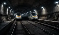 Stillstehender Hochgeschwindigkeitszug in einem unterirdischen Eisenbahntunnel mit Gleisen und Notbeleuchtung während eines Stromausfalls