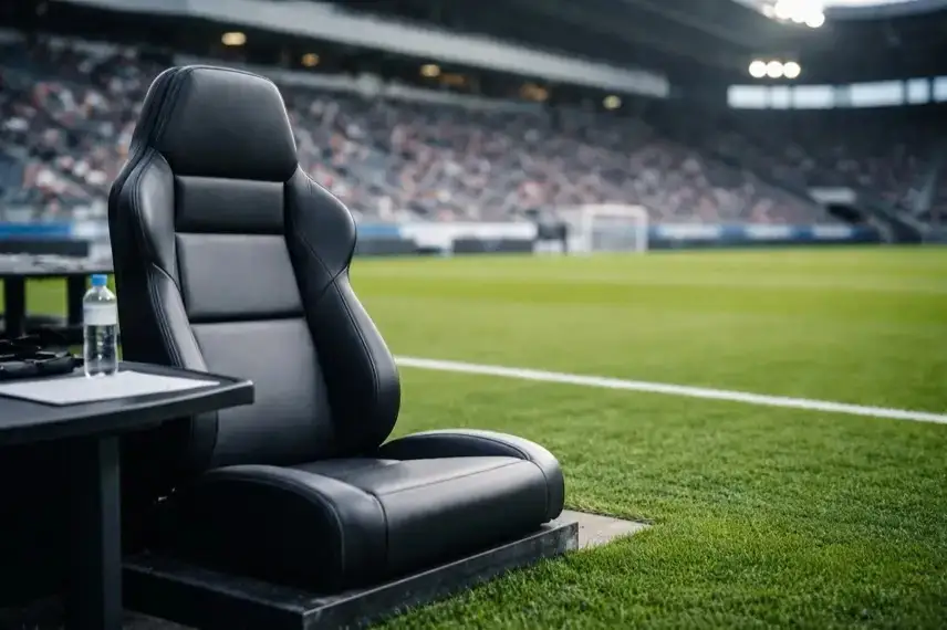 Leerer Trainerstuhl am Rand eines Fußballspielfelds mit unscharfen Tribünen im Hintergrund, aufgenommen in einem Stadion bei Tageslicht.