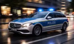 Fahrendes Polizeiauto mit eingeschaltetem Blaulicht auf nächtlicher Straße im urbanen Umfeld