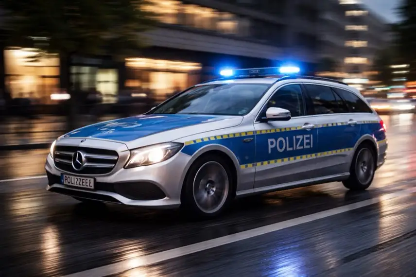 Fahrendes Polizeiauto mit eingeschaltetem Blaulicht auf nächtlicher Straße im urbanen Umfeld