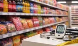 Supermarktregal mit zuckerhaltigen Lebensmitteln und unscharfer Waage im Vordergrund als Symbol für Ernährung und Diabetes