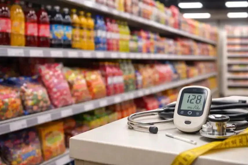 Supermarktregal mit zuckerhaltigen Lebensmitteln und unscharfer Waage im Vordergrund als Symbol für Ernährung und Diabetes