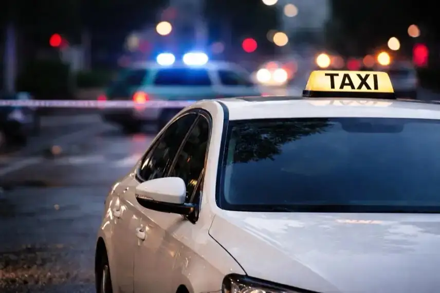 Beschädigtes Taxi mit Einschusslöchern auf einer abgesperrten Straße in Düsseldorf, Polizeilichter spiegeln sich auf der Fahrbahn.