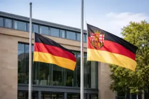 Deutsche Flagge und Flagge von Rheinland-Pfalz auf halbmast vor einem öffentlichen Gebäude bei Tageslicht.