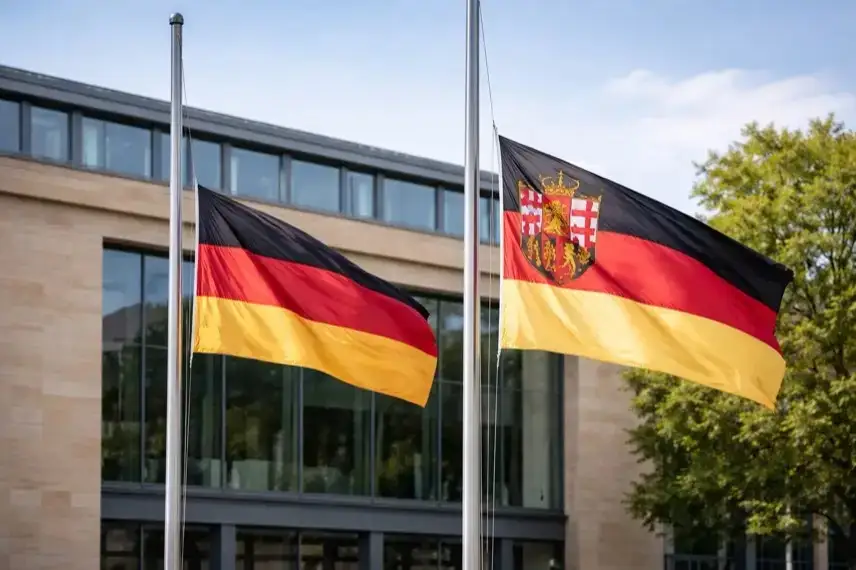 Deutsche Flagge und Flagge von Rheinland-Pfalz auf halbmast vor einem öffentlichen Gebäude bei Tageslicht.