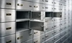 Geöffnete Bankschließfächer aus Metall in einem Tresorraum, leerer Innenraum, neutrales Licht, sachliche Umgebung