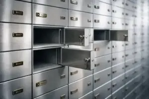 Geöffnete Bankschließfächer aus Metall in einem Tresorraum, leerer Innenraum, neutrales Licht, sachliche Umgebung