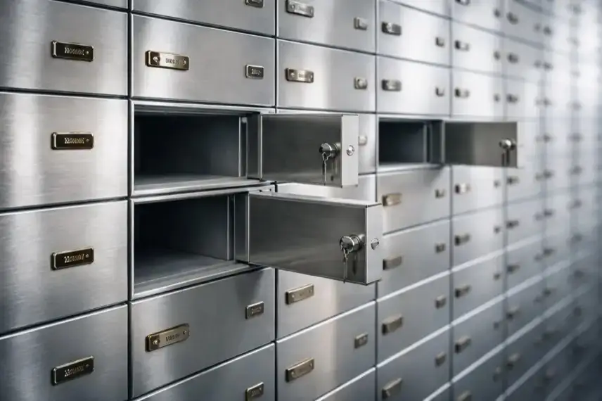 Geöffnete Bankschließfächer aus Metall in einem Tresorraum, leerer Innenraum, neutrales Licht, sachliche Umgebung